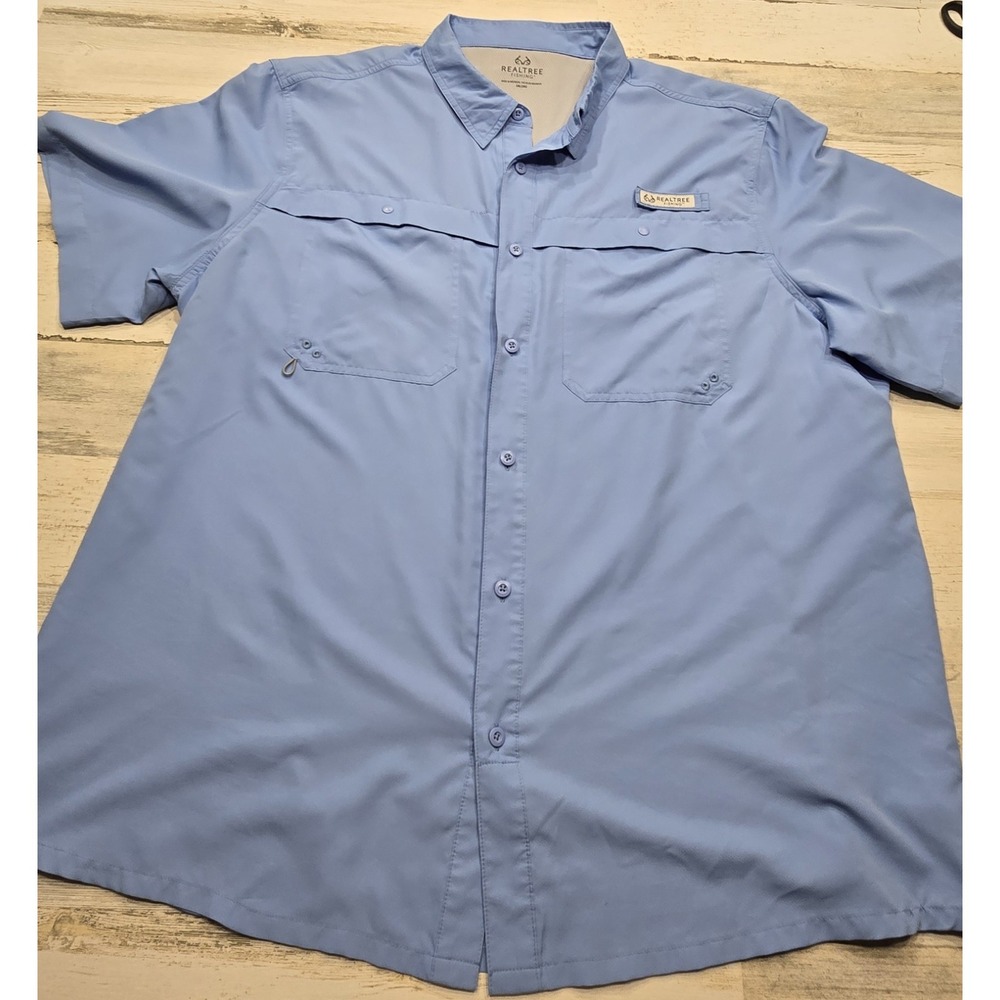 Realtree Fishing Mens 2XL Short Sleeve Button Down Shirt Blue TS10049 Ventilated
